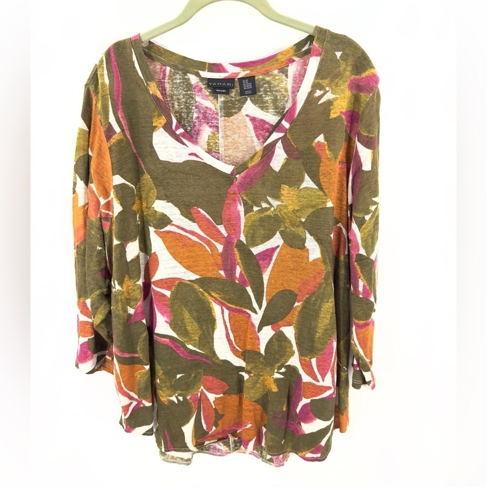 Tahari Linen Top Women’s 2X Floral Lagenlook Artsy Colorful Boho Beachy Tropical